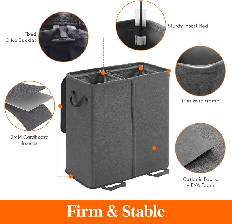 Lifewit Double Laundry Hamper with Lid and Removable Laundry Bags, Large Collapsible 2 Dividers Dirty Clothes Basket with Handles for Bedroom, Laundry Room, Closet, Bathroom, College, Black - Image 2