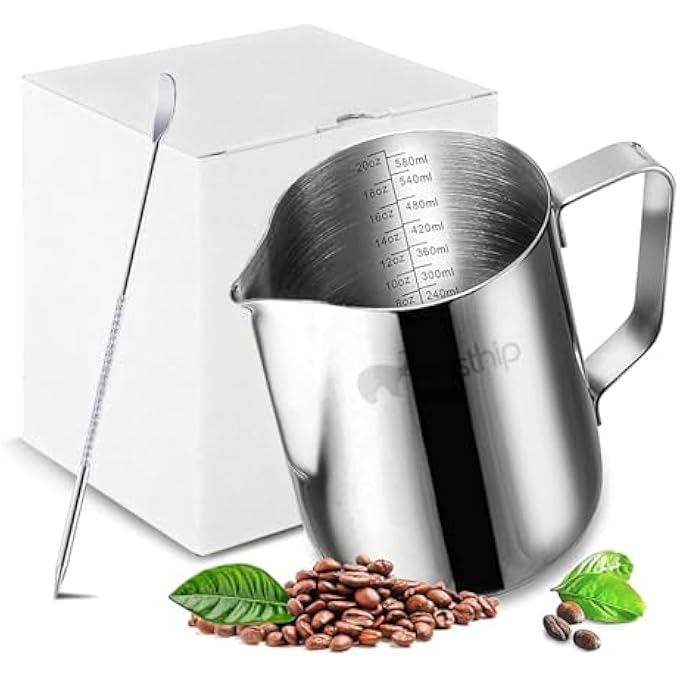 هاسذيب إبريق رغوة الحليب سعة 600 مل مع مقياس قياس، إبريق حليب من الفولاذ المقاوم للصدأ للقهوة والإسبريسو والكابتشينو واللاتيه، إبريق تبخير احترافي للباريستا مع قلم رسم لاتيه - Image 1