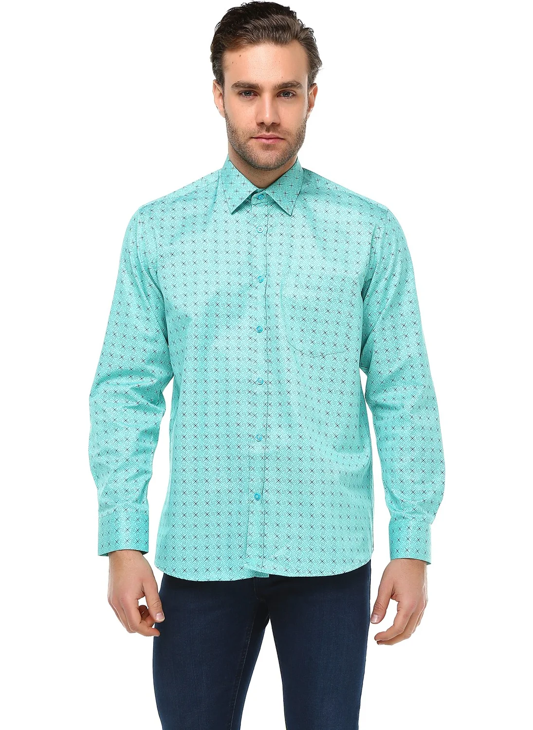 فاريتا Men's Green Cotton Long Sleeve Shirt with Pocket