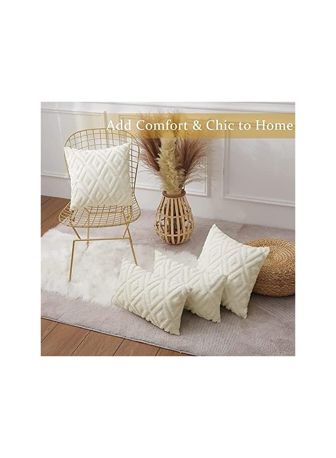 The Bros Soft Faux Fur Throw Pillow Covers, 17 x 17 Inch Plush Short Wool Velvet Decorative Pillow Covers, Couch Sofa Pillow Covers for Living Room with 3D Diamond Pattern (Set of 2, Cream White) - Image 4