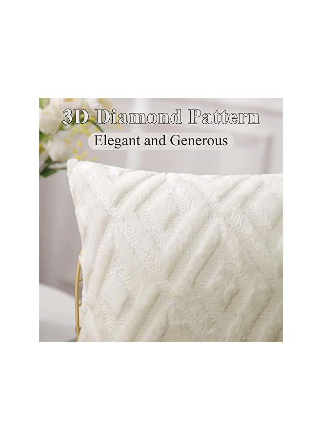 The Bros Soft Faux Fur Throw Pillow Covers, 17 x 17 Inch Plush Short Wool Velvet Decorative Pillow Covers, Couch Sofa Pillow Covers for Living Room with 3D Diamond Pattern (Set of 2, Cream White) - Image 2