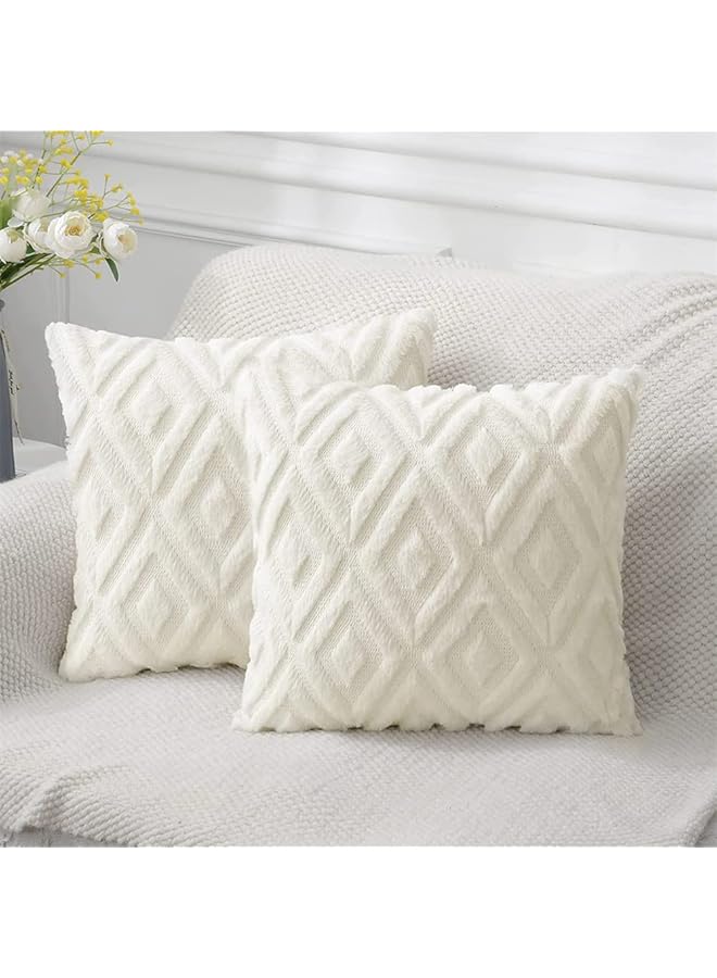 The Bros Soft Faux Fur Throw Pillow Covers, 17 x 17 Inch Plush Short Wool Velvet Decorative Pillow Covers, Couch Sofa Pillow Covers for Living Room with 3D Diamond Pattern (Set of 2, Cream White) - Image 1