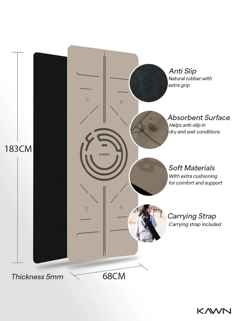 KAWN.YOGA Beige Mat. Non-Slip. Strap Included. High Performance Material Exercise Mat Ideal For Hiit, Plates, Yoga And Other Workouts