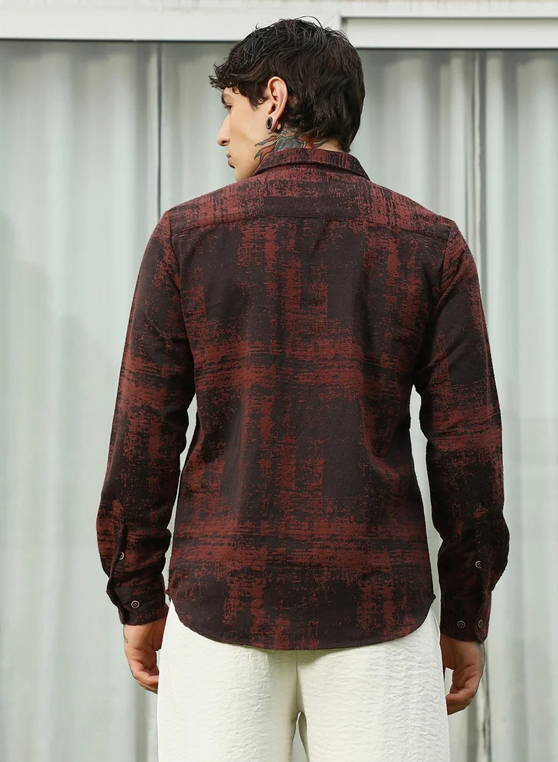 Campus Sutra Men's Burgundy Abstract Pattern Full Sleeve Shirt