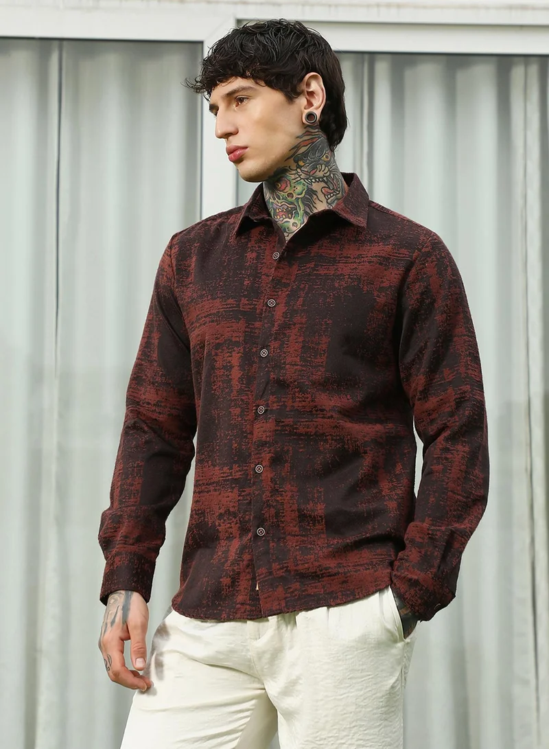 Campus Sutra Men's Burgundy Abstract Pattern Full Sleeve Shirt