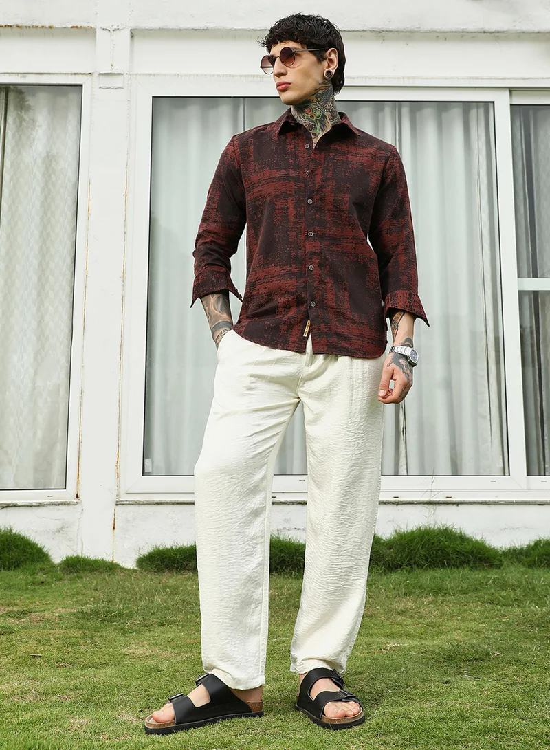 Campus Sutra Men's Burgundy Abstract Pattern Full Sleeve Shirt