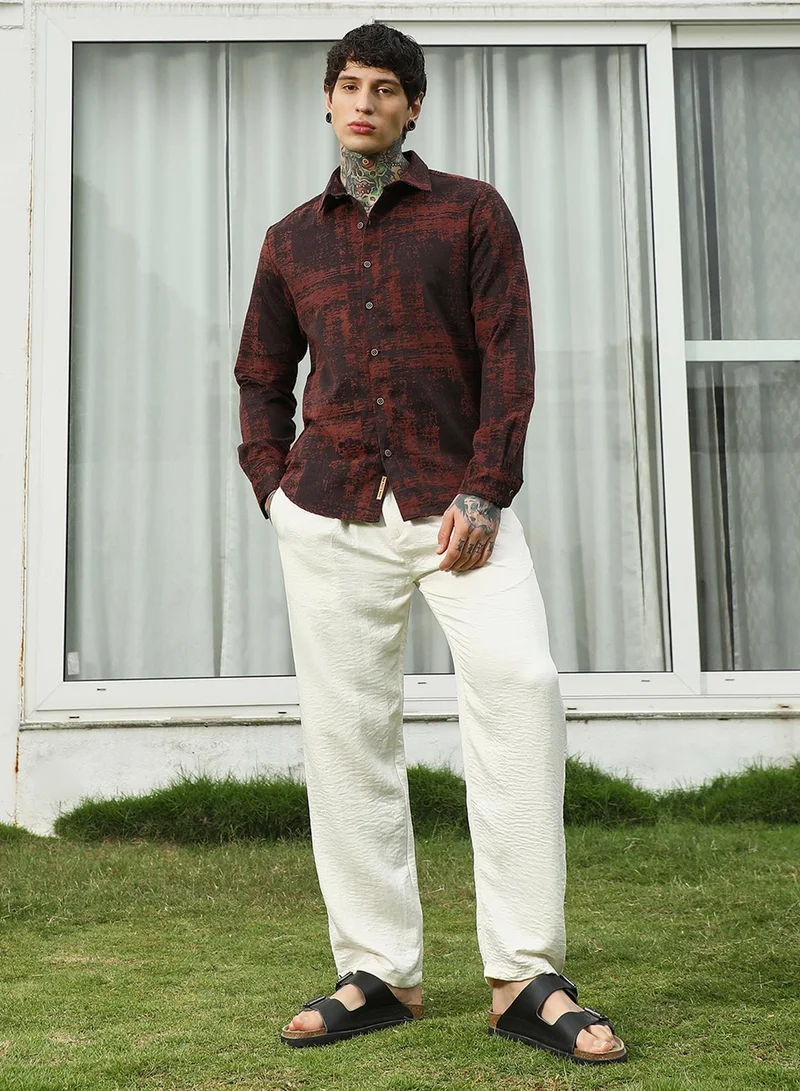 Campus Sutra Men's Burgundy Abstract Pattern Full Sleeve Shirt
