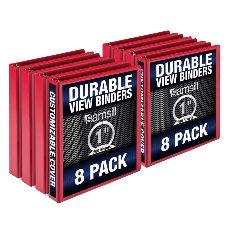 Samsill Durable 1 Inch Binder, Made in The USA, Round Ring Customizable Clear View Binder, Red, 8 Pack (MP88433) - Image 1