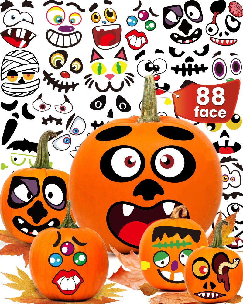 Greingways Halloween Pumpkin Stickers, Make 88 Funny Face Pumpkin Decorating Kit for Halloween Party Decorations, Pumpkin Painting Kit Halloween Crafts Gifts Halloween Games for Kids - Image 1