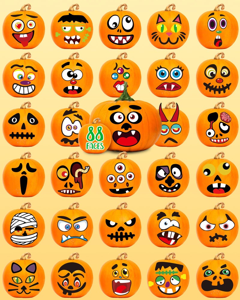 Greingways Halloween Pumpkin Stickers, Make 88 Funny Face Pumpkin Decorating Kit for Halloween Party Decorations, Pumpkin Painting Kit Halloween Crafts Gifts Halloween Games for Kids - Image 4