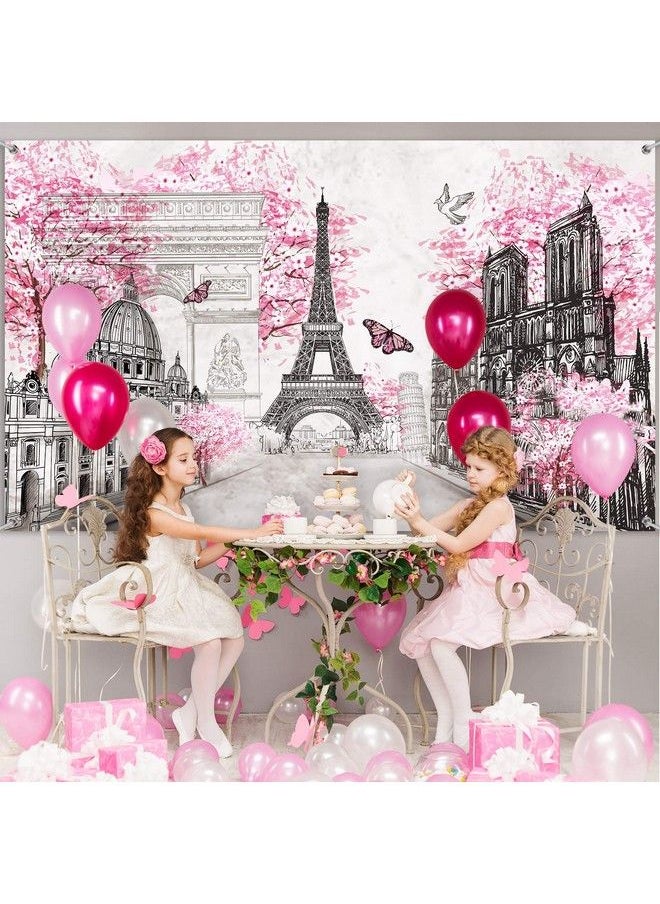 Sumind - Paris Tapestry Backdrop Paris Wall Art Eiffel Tower Photo Banner Background European City Landscape Pink Wall Hanging Decor For Living Room Girl Bedroom Paris Themed Party Decoration 72.8 X 43.3 Inch - Image 1