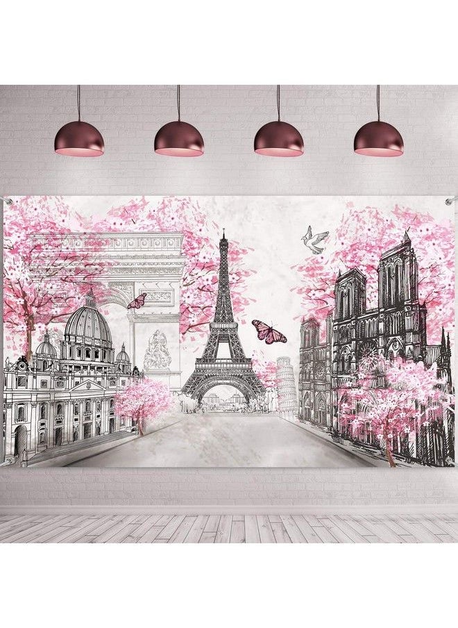 Sumind - Paris Tapestry Backdrop Paris Wall Art Eiffel Tower Photo Banner Background European City Landscape Pink Wall Hanging Decor For Living Room Girl Bedroom Paris Themed Party Decoration 72.8 X 43.3 Inch - Image 1
