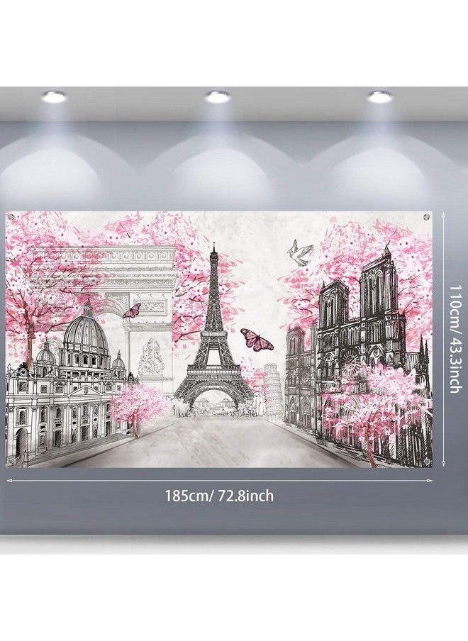 Sumind - Paris Tapestry Backdrop Paris Wall Art Eiffel Tower Photo Banner Background European City Landscape Pink Wall Hanging Decor For Living Room Girl Bedroom Paris Themed Party Decoration 72.8 X 43.3 Inch - Image 1