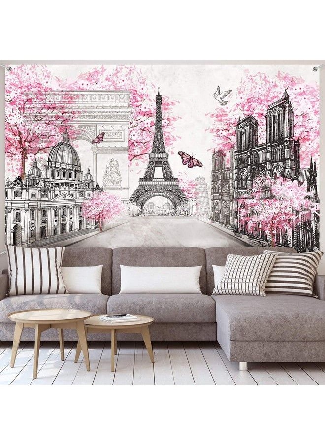Sumind - Paris Tapestry Backdrop Paris Wall Art Eiffel Tower Photo Banner Background European City Landscape Pink Wall Hanging Decor For Living Room Girl Bedroom Paris Themed Party Decoration 72.8 X 43.3 Inch - Image 1