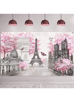 Paris Tapestry Backdrop Paris Wall Art Eiffel Tower Photo Banner Background European City Landscape Pink Wall Hanging Decor For Living Room Girl Bedroom Paris Themed Party Decoration 72.8 X 43.3 Inch