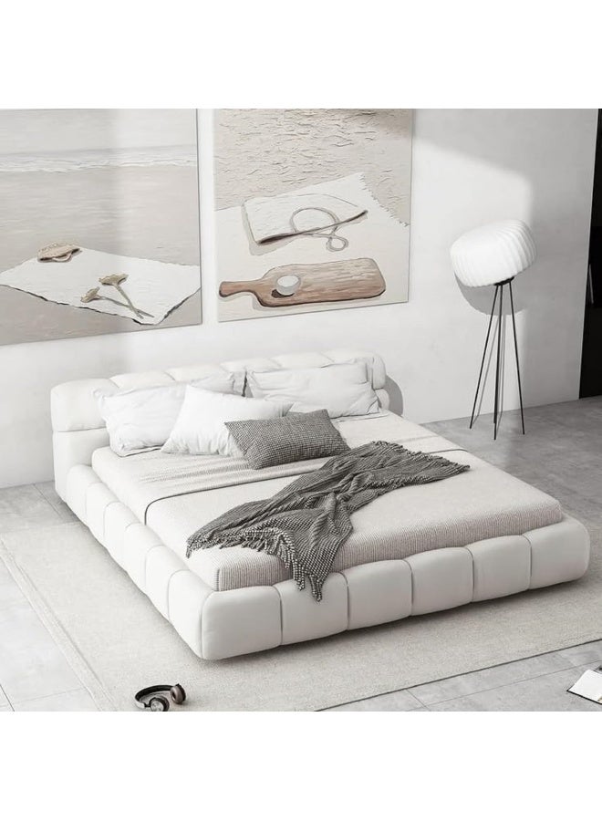 Generic UAE Homes Modern Low Platform Bed Frame with Tufted Headboard, White Suede Upholstery, King Size without Mattress (180cm X 200cm)  - Image 1