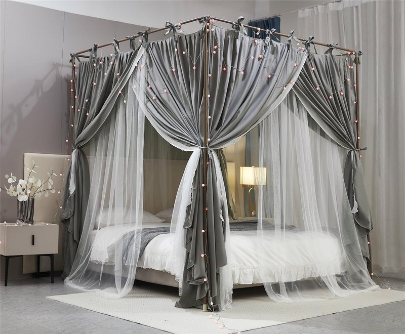 AIOOO 4 Corners Post Princess Curtain Bed Canopy Double Layer Cozy Mosquito Net Mesh and Cloth for Girls Adults Bedroom Decoration (Double-Grey/White, 59" W*82" L*82"*H/(Queen)) - Image 4
