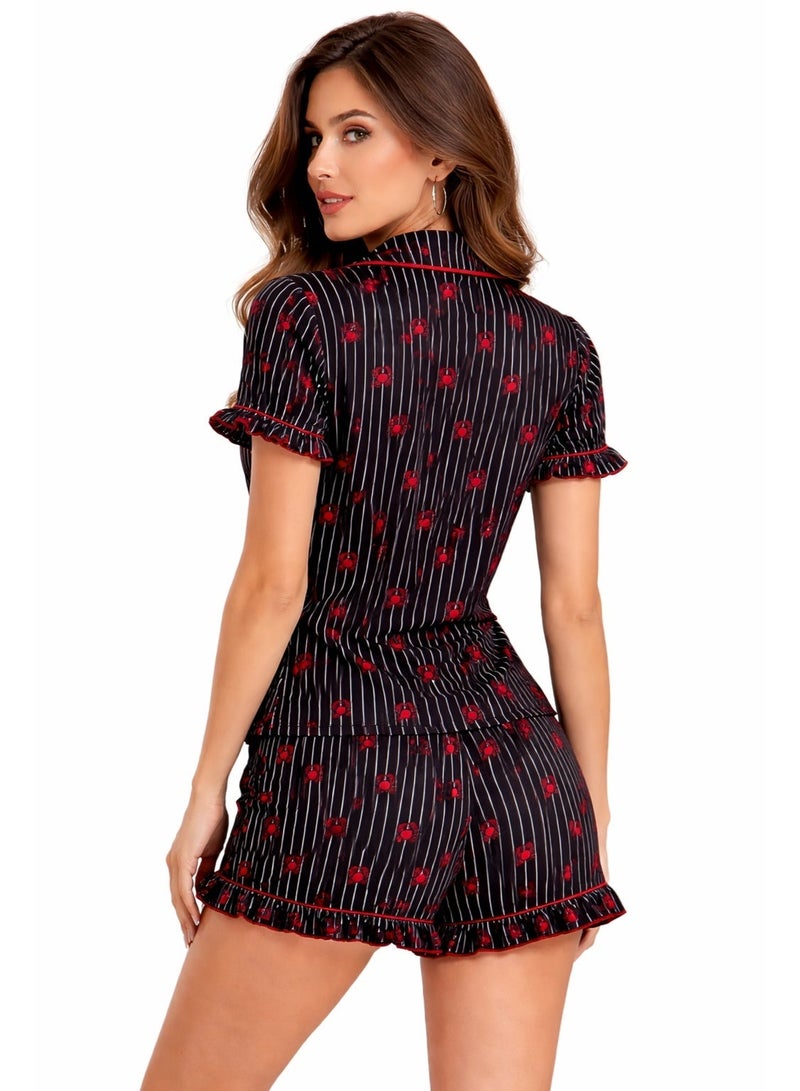 Caesar Women's two-piece pajama set with a collar and bows on the front - Image 3