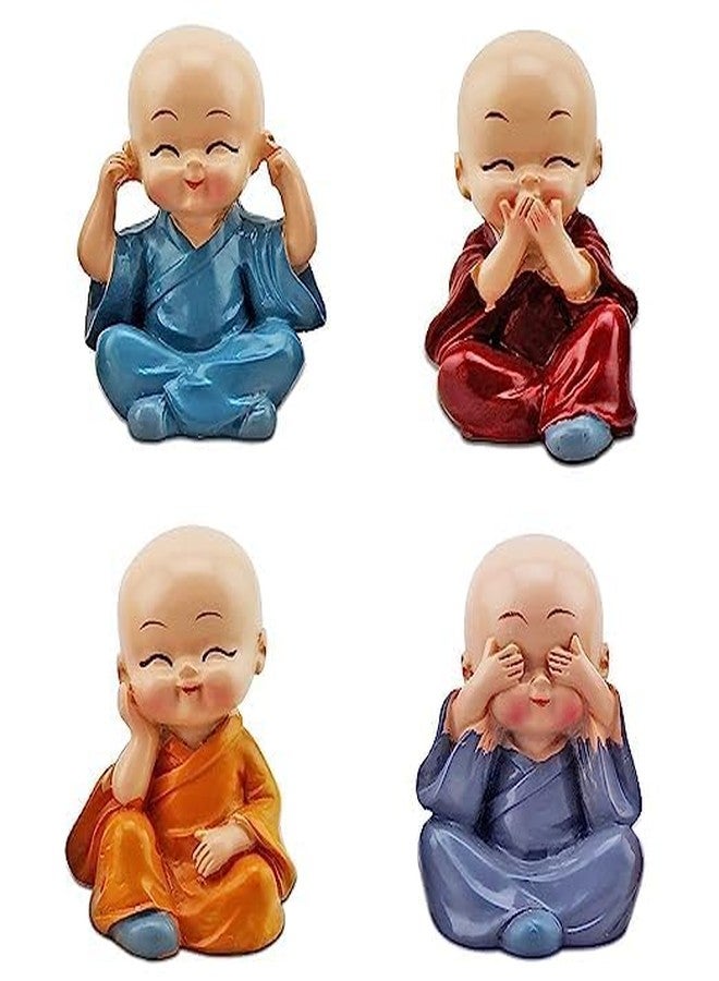 ELITEWAVE Resin Set of 4 Buddha Monk Statues Miniature Figurines Showpiece for Wall Shelf Table Desktop Car Dashboard Decoration Home Office Decor (Cute_Buddha_Set-of-4) - Image 1