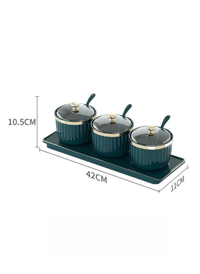 Condiment Spice Jars，Spice Box With Lids and Spoons and Tray Condiment Canisters Pots Seasoning Box Salt Container Sugar Bowl Set of 3 ,Condiment Jar for Sugar,Tea, Coffee, Spice, Salt for Kitchen Cupboard Dinning Storage(Green)