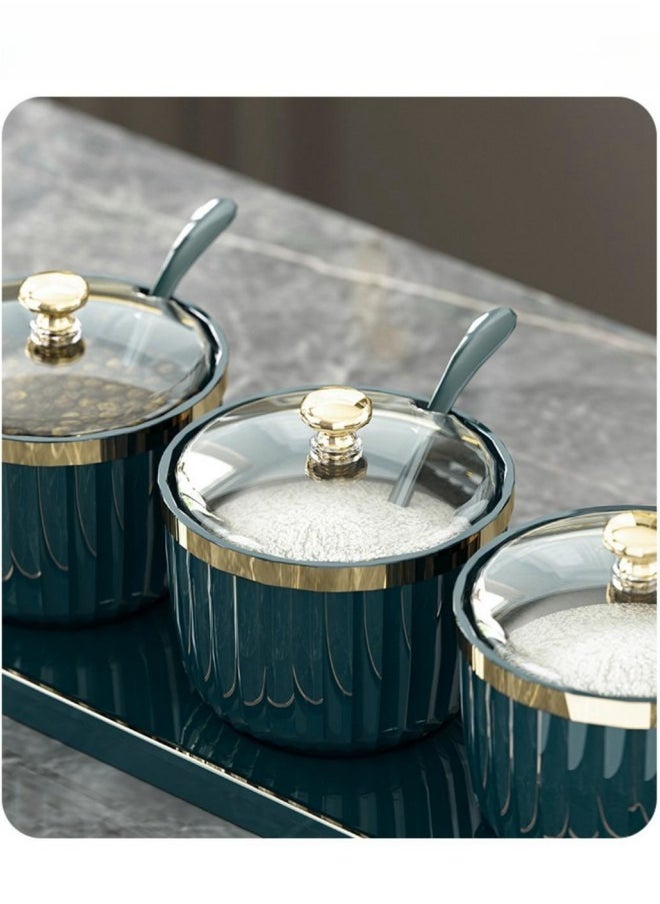 Condiment Spice Jars，Spice Box With Lids and Spoons and Tray Condiment Canisters Pots Seasoning Box Salt Container Sugar Bowl Set of 3 ,Condiment Jar for Sugar,Tea, Coffee, Spice, Salt for Kitchen Cupboard Dinning Storage(Green)