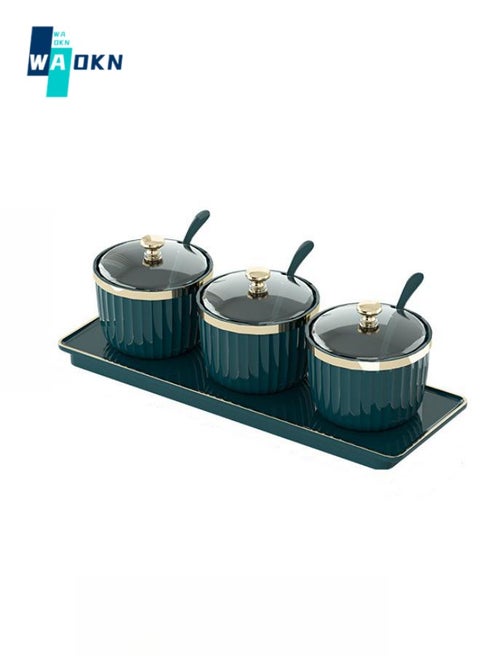 Condiment Spice Jars，Spice Box With Lids and Spoons and Tray Condiment Canisters Pots Seasoning Box Salt Container Sugar Bowl Set of 3 ,Condiment Jar for Sugar,Tea, Coffee, Spice, Salt for Kitchen Cupboard Dinning Storage(Green)