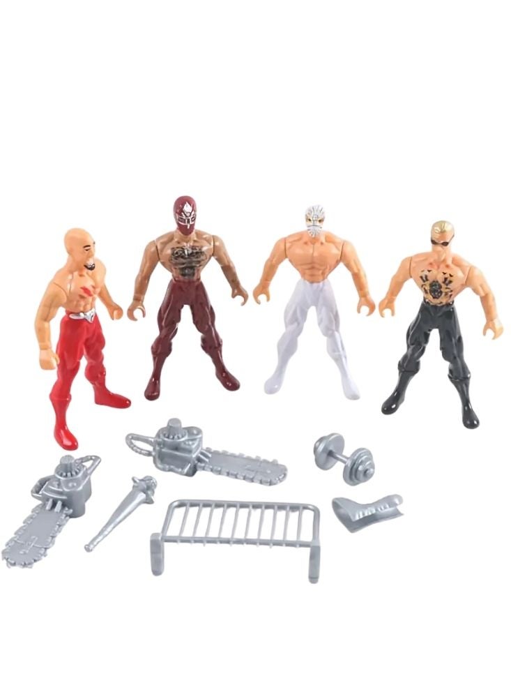 بريميم مجموعة مجسمات مصارعة للأطفال – أربعة مصارعين مفتولي العضلات مع ملحقاتهم، مجموعة ألعاب بلاستيكية متينة للأولاد، للعب الأدوار والخيال، هدية مثالية في المملكة العربية السعودية - Image 1