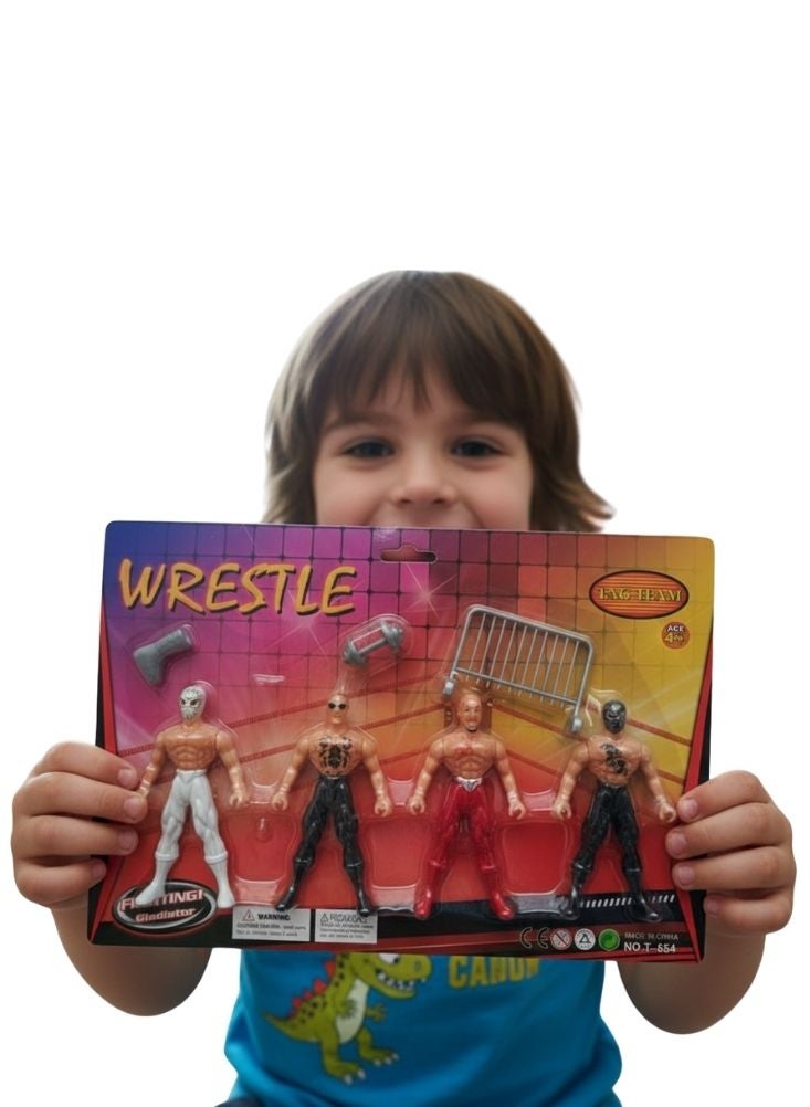 بريميم مجموعة مجسمات مصارعة للأطفال – أربعة مصارعين مفتولي العضلات مع ملحقاتهم، مجموعة ألعاب بلاستيكية متينة للأولاد، للعب الأدوار والخيال، هدية مثالية في المملكة العربية السعودية - Image 3