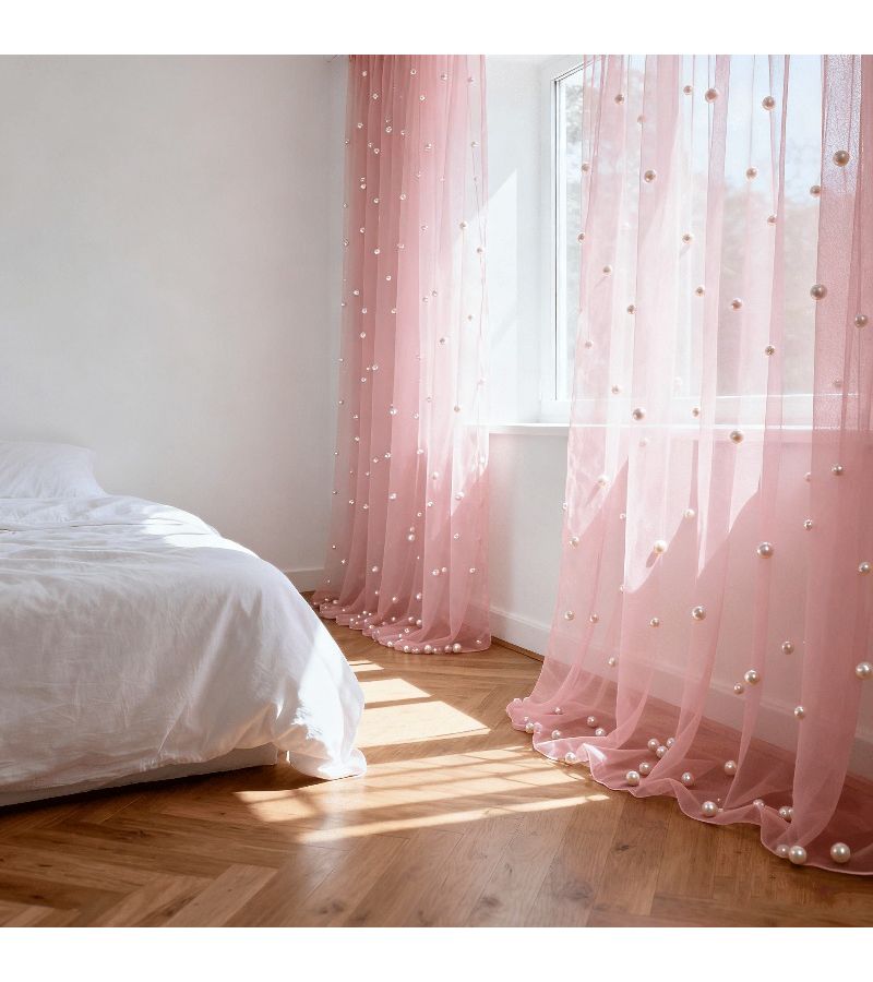 2pcs 63.5in X 118.2in Champagne Transparent Fluffy Pearl Rod Pocket Curtains For Archway Ceiling Chair Decorations Wedding Christmas Valentine Bridal Gown Apparel - Image 1