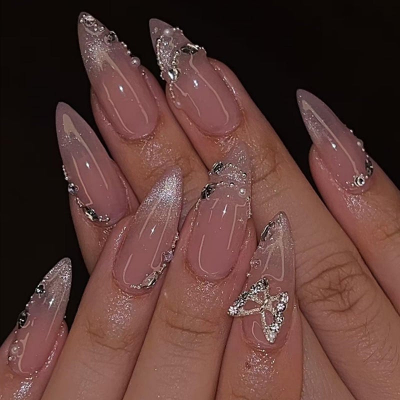SEENEEY Medium Press on Nails Almond Fake Nails Ombre French Tip Artificial Nail Cute with Butterfly Designs Stick on Nail for Women 24pcs - Image 1