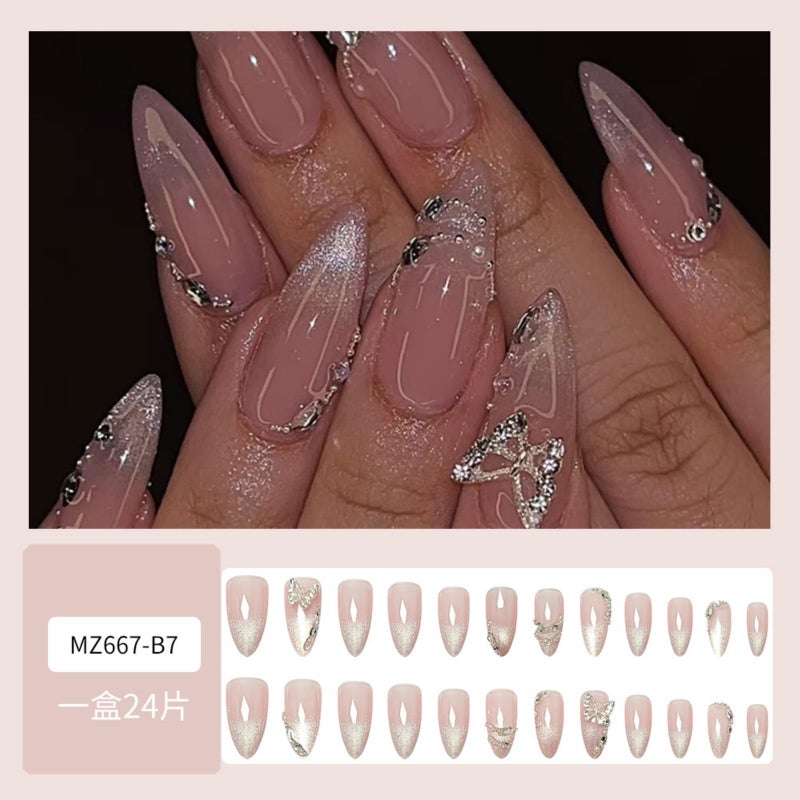 SEENEEY Medium Press on Nails Almond Fake Nails Ombre French Tip Artificial Nail Cute with Butterfly Designs Stick on Nail for Women 24pcs - Image 2