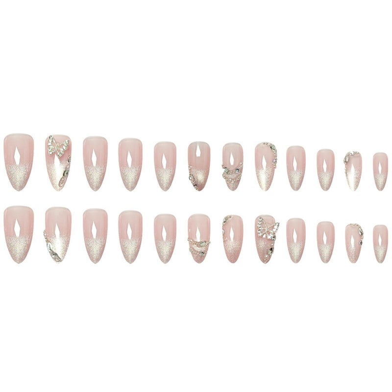 SEENEEY Medium Press on Nails Almond Fake Nails Ombre French Tip Artificial Nail Cute with Butterfly Designs Stick on Nail for Women 24pcs - Image 4