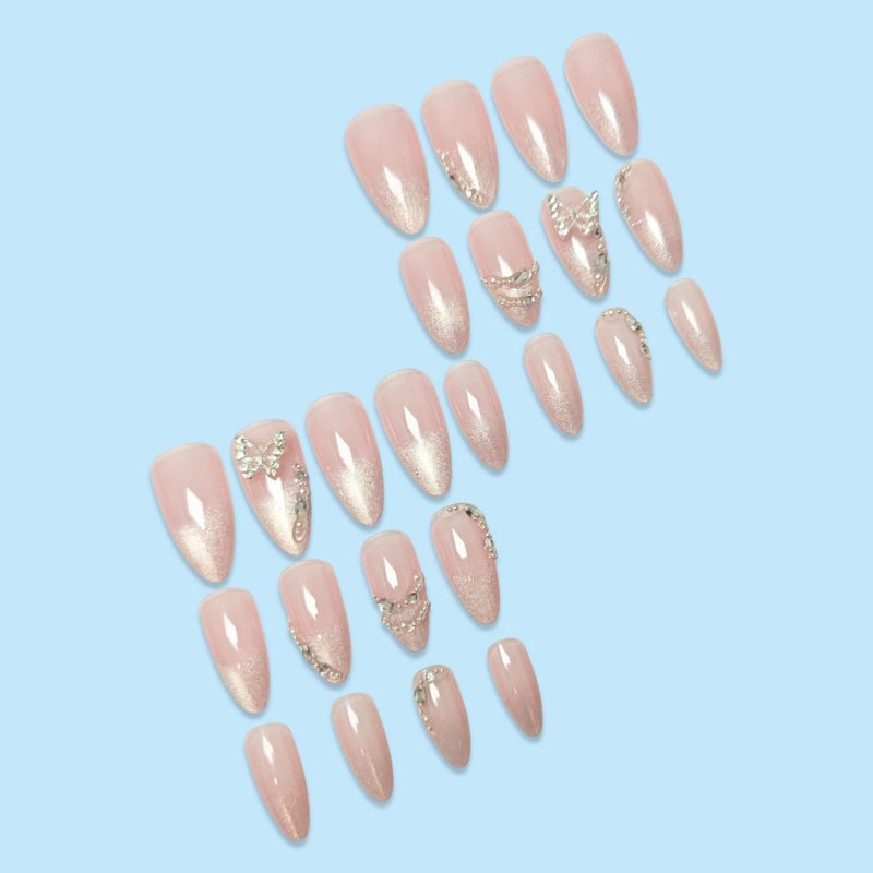 SEENEEY Medium Press on Nails Almond Fake Nails Ombre French Tip Artificial Nail Cute with Butterfly Designs Stick on Nail for Women 24pcs - Image 5