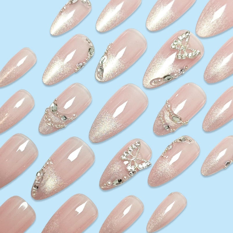 SEENEEY Medium Press on Nails Almond Fake Nails Ombre French Tip Artificial Nail Cute with Butterfly Designs Stick on Nail for Women 24pcs - Image 3
