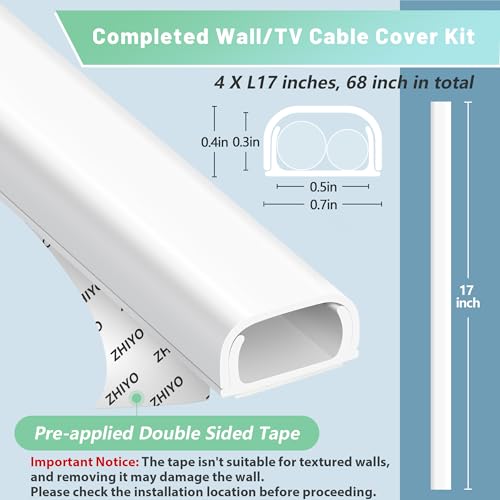 ZhiYo Wire Covers for 2 Cords, 68in (4X L17in) Wire Hider on Wall Mounted, White Cord Cover Kit, Cable Cover Cable Concealer for Extension Cord, Ethernet Cable, Speaker Wire, 0.7in(W) x 0.4in(H) - Image 3