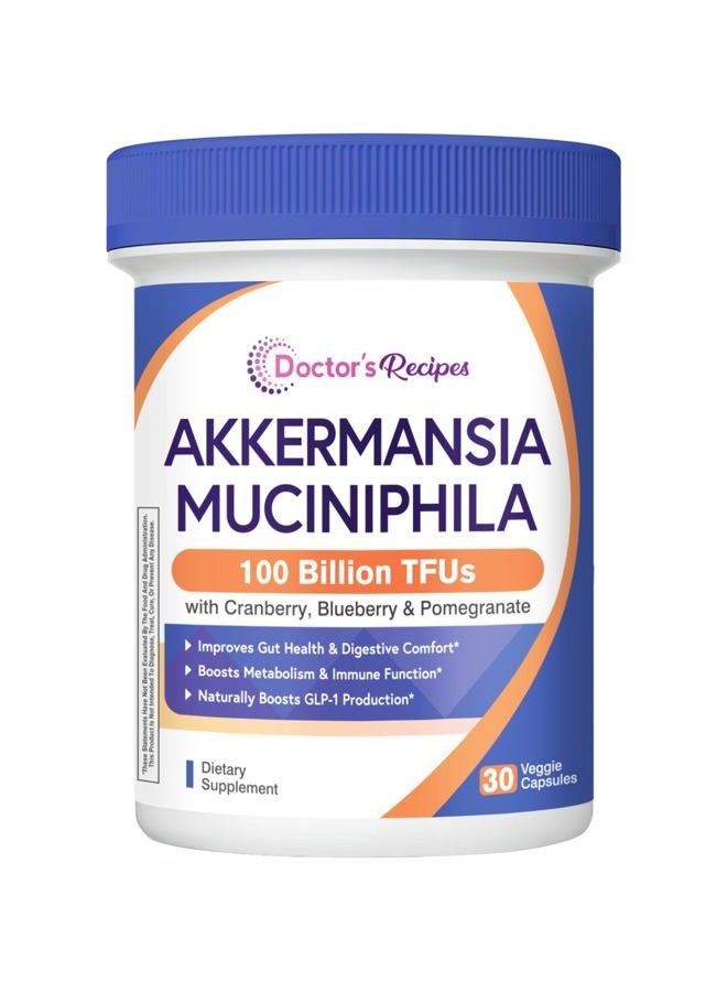 Doctor's Recipes Akkermansia Probiotic, Akkermansia Muciniphila 100 Billion TFUs, Cranberry, Blueberry & Pomegranate Extract, GLP-1 Production, Gut, Digestive, Immune Health, 30 Veggie Capsules - Image 1