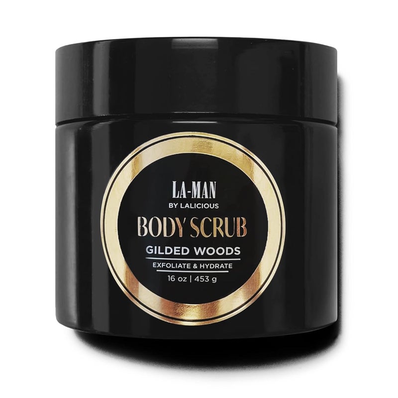 LALICIOUS Gilded Woods La-Man Body Scrub - Exfoliating Sugar Scrub for Men - Body Exfoliator Scrub for Dead Skin & Optimal Hydration - Pure Cane Sugar + Coconut Body Scrub 16oz