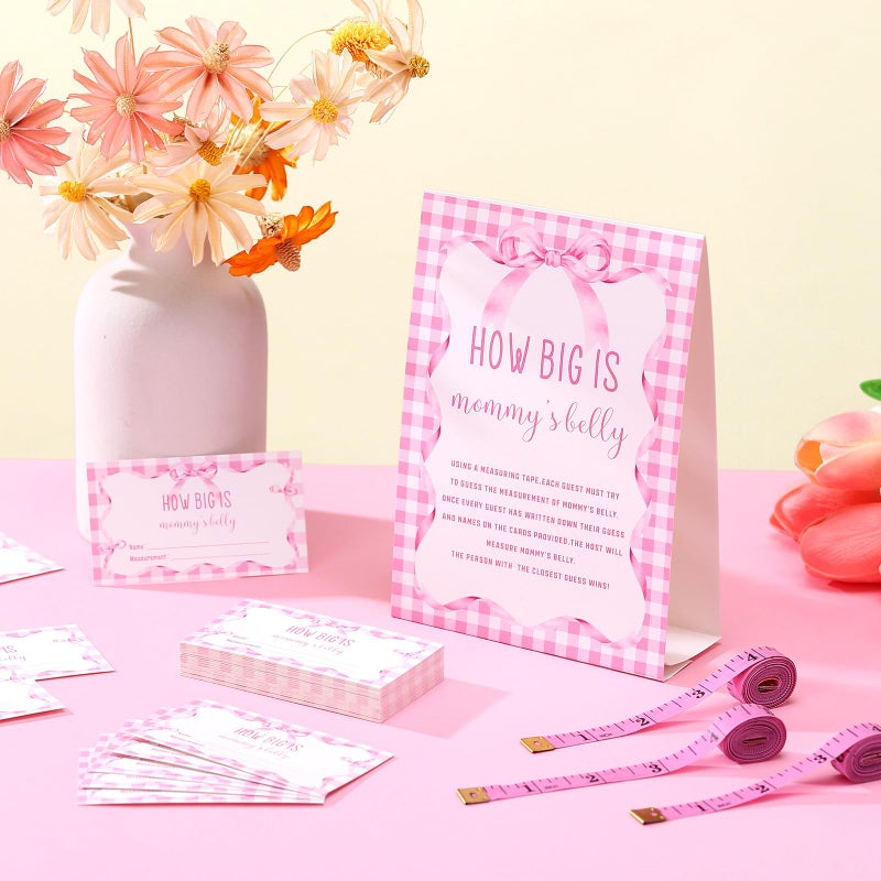 Sinload 54 Pcs Pink Bow Baby Shower Games Coquette Pink Bow Measure Belly Bump Party Game Include How Big Is Mommy's Belly Sign 50 Guessing Cards 3 Measuring Tapes for Baby Shower Party - Image 2