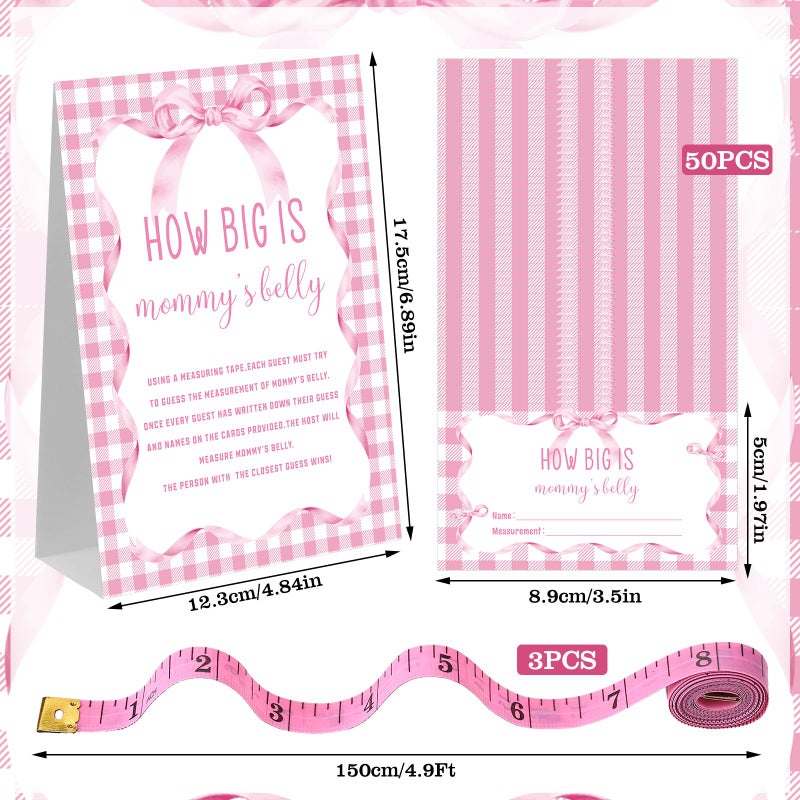 Sinload 54 Pcs Pink Bow Baby Shower Games Coquette Pink Bow Measure Belly Bump Party Game Include How Big Is Mommy's Belly Sign 50 Guessing Cards 3 Measuring Tapes for Baby Shower Party - Image 3