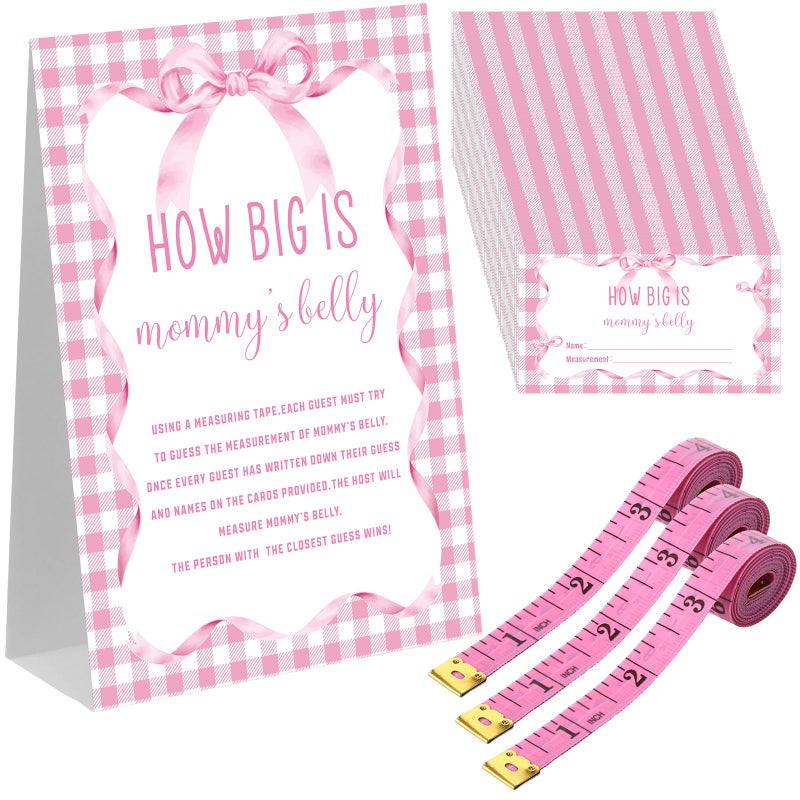 Sinload 54 Pcs Pink Bow Baby Shower Games Coquette Pink Bow Measure Belly Bump Party Game Include How Big Is Mommy's Belly Sign 50 Guessing Cards 3 Measuring Tapes for Baby Shower Party - Image 1