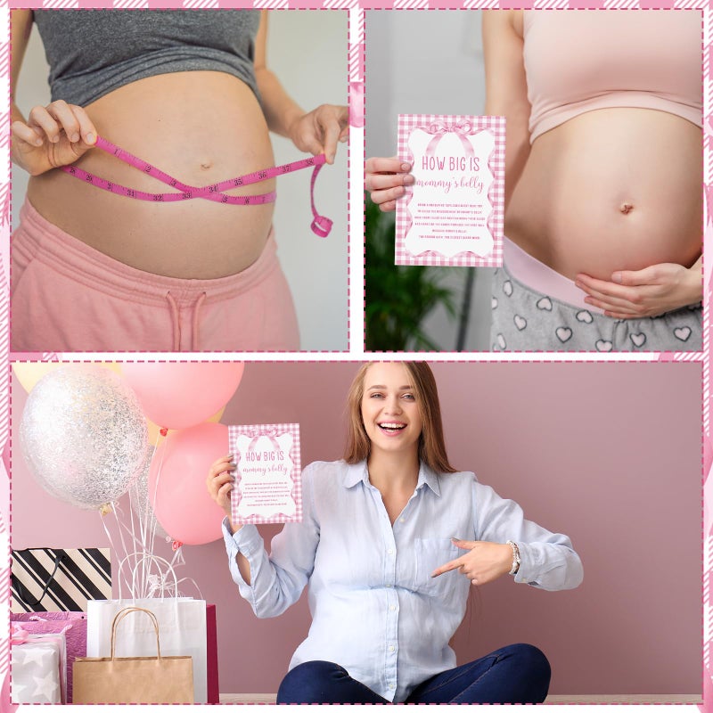 Sinload 54 Pcs Pink Bow Baby Shower Games Coquette Pink Bow Measure Belly Bump Party Game Include How Big Is Mommy's Belly Sign 50 Guessing Cards 3 Measuring Tapes for Baby Shower Party - Image 5