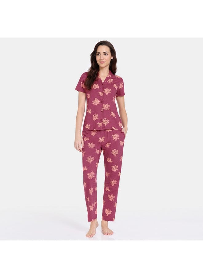 zivame Zivame All-Over Floral Print Shirt and Pyjama Set  - Image 1