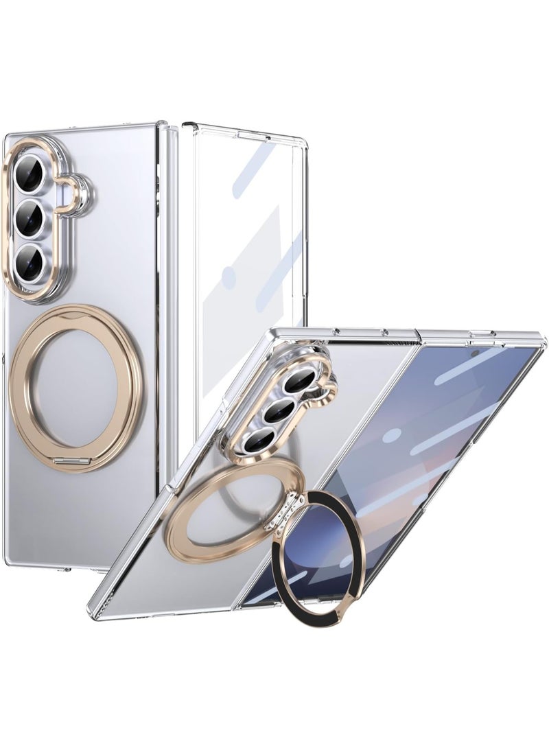 XIMAND جراب Ximand لهاتف Samsung Galaxy Z Fold 7 مع حامل حلقي مغناطيسي، وقوس دوار 360 درجة، وواقي عدسة شاشة أمامية مدمج، وغطاء شفاف كريستالي مضاد للاصفرار ومضاد لبصمات الأصابع - Image 1