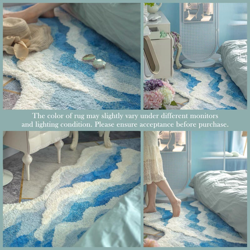 DyeFury Large Ocean Sea Wave Rug 60"x30", Beach Themed Room Decor Aesthetic, Beachy Decor for Bedroom Nursery Kitchen, Washable Blue Area Rug for Summer Room, Nautical Coastal Room Decor - Image 5