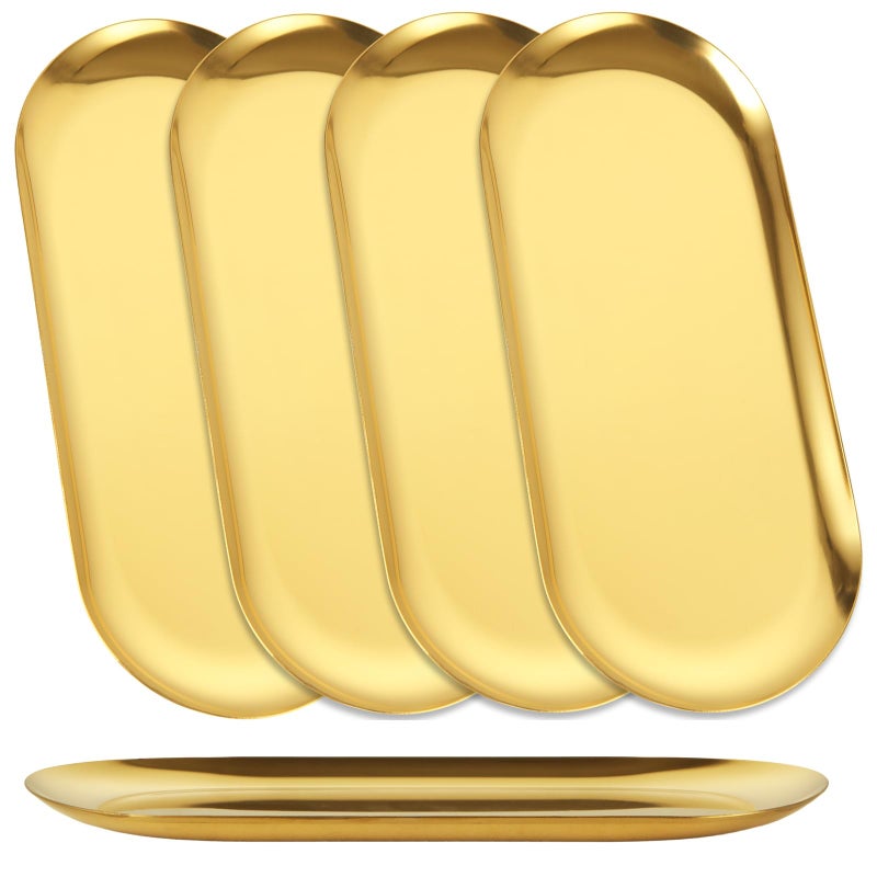 AKOLAFE 5PCS Stainless Steel Serving Tray Set Gold Platters for Serving Food Party Medium Metal Trays Decorative 10" Long Plate Oval Storage Trays Thickened Serving Dishes for Entertaining Sushi Snack - Image 1