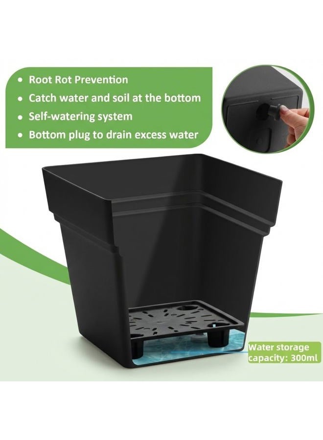 RooTrimmer 6-Pack 7'' Square Planters with Built-in Drainage Tray – Heavy-Duty Black Plastic Planter with Drainage Hole and Bottom Stopper, BPA-Free Plant Pots Matte Finish for Indoor Outdoor - Image 3