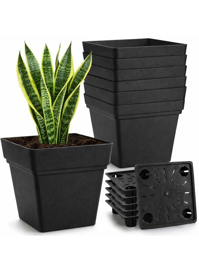 RooTrimmer 6-Pack 7'' Square Planters with Built-in Drainage Tray – Heavy-Duty Black Plastic Planter with Drainage Hole and Bottom Stopper, BPA-Free Plant Pots Matte Finish for Indoor Outdoor - Image 1