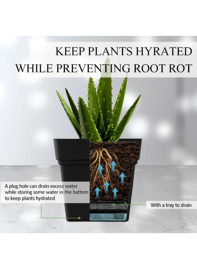 RooTrimmer 6-Pack 7'' Square Planters with Built-in Drainage Tray – Heavy-Duty Black Plastic Planter with Drainage Hole and Bottom Stopper, BPA-Free Plant Pots Matte Finish for Indoor Outdoor - Image 2