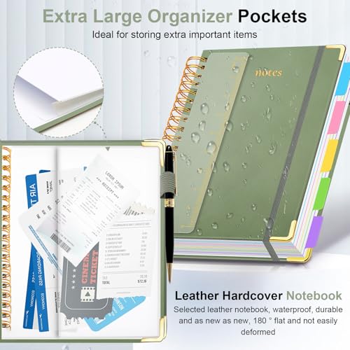 GDGDSY Hardcover Spiral Notebook 8"x10" Journal Notebook with Tabs and Removable Dividers 300 Pages 5 Subject Notebook College Ruled, Faux Leather Spiral Bound Notebook for Women School Work (Sage Green) - Image 2