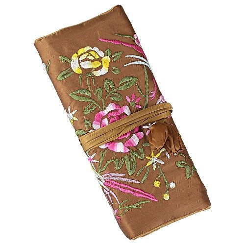 Lidwot Brown Silk Jewelry Organizer Roll for Travel – Vintage Embroidery Storage Bag with Zippered Pockets, Foldable Pouch for Rings, Necklaces & Earrings, Compact Luxury Gift - Image 1